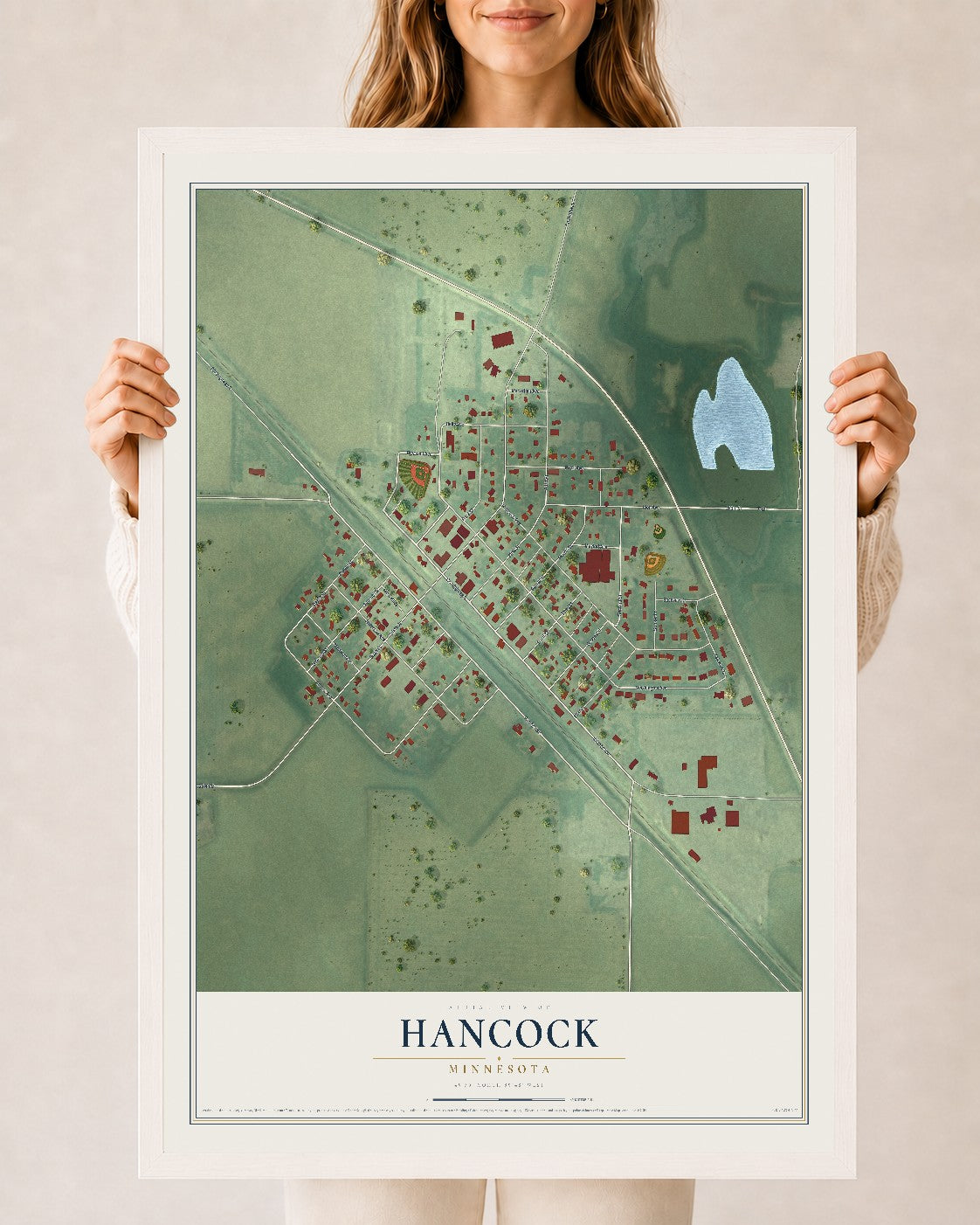 Map of Hancock, Minnesota, 24 x 36 inch print in a white wood frame