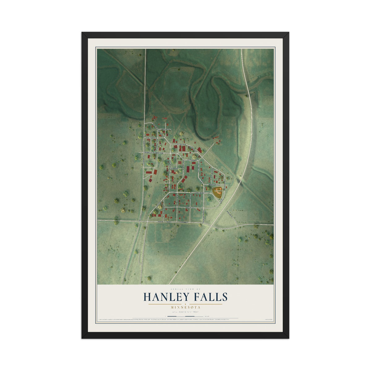 Map of Hanley Falls, Minnesota, 12 x 18 inch print in a black wood frame