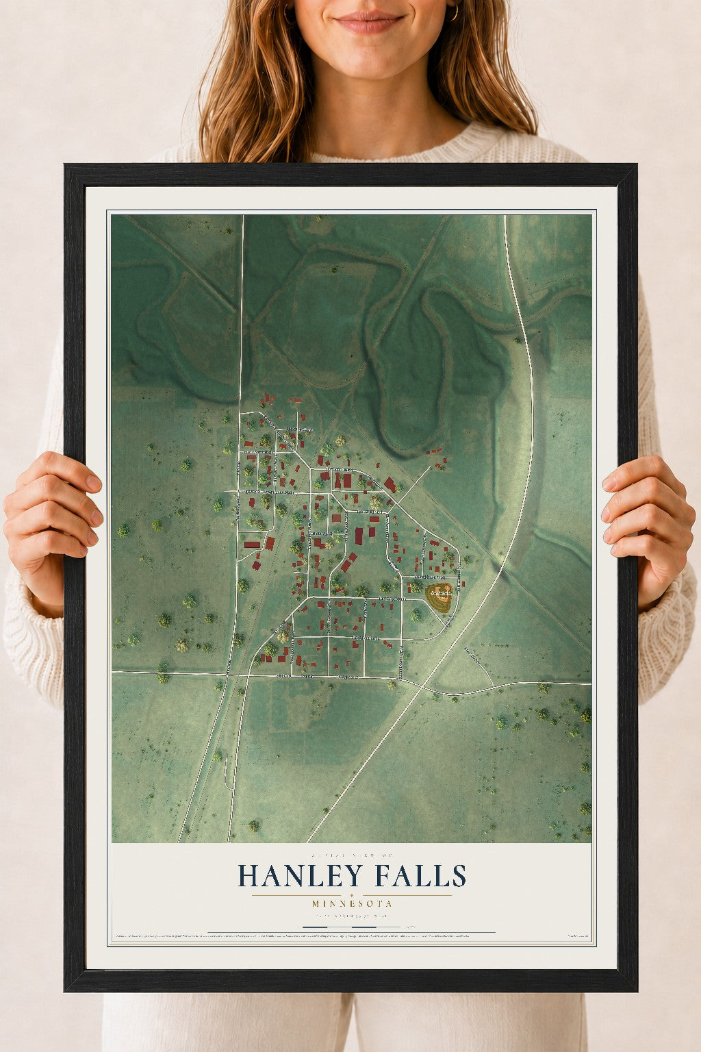 Map of Hanley Falls, Minnesota, 18 x 24 inch print in a black wood frame