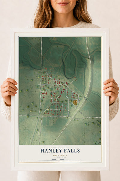Map of Hanley Falls, Minnesota, 18 x 24 inch print in a white wood frame
