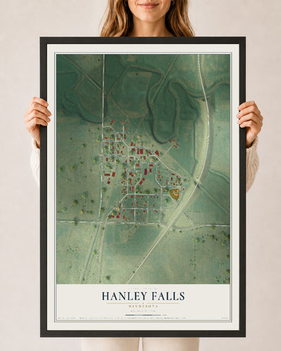 Map of Hanley Falls, Minnesota, 24 x 36 inch print in a black wood frame