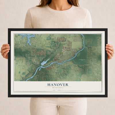 Map of Hanover, Minnesota, 12 x 18 inch print in a black wood frame