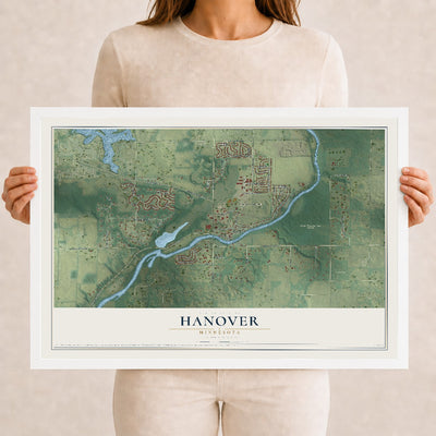 Map of Hanover, Minnesota, 12 x 18 inch print in a white wood frame