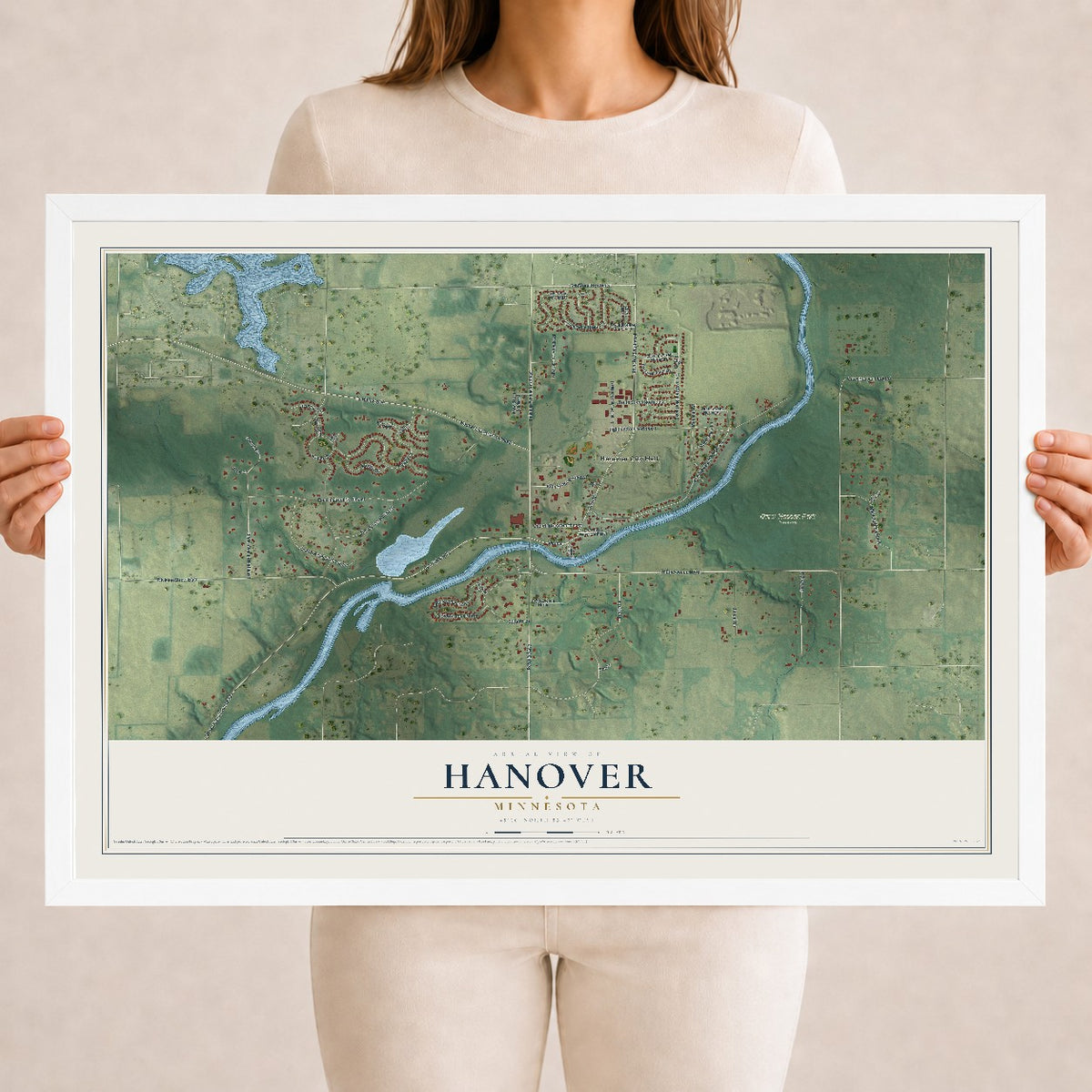 Map of Hanover, Minnesota, 18 x 24 inch print in a white wood frame