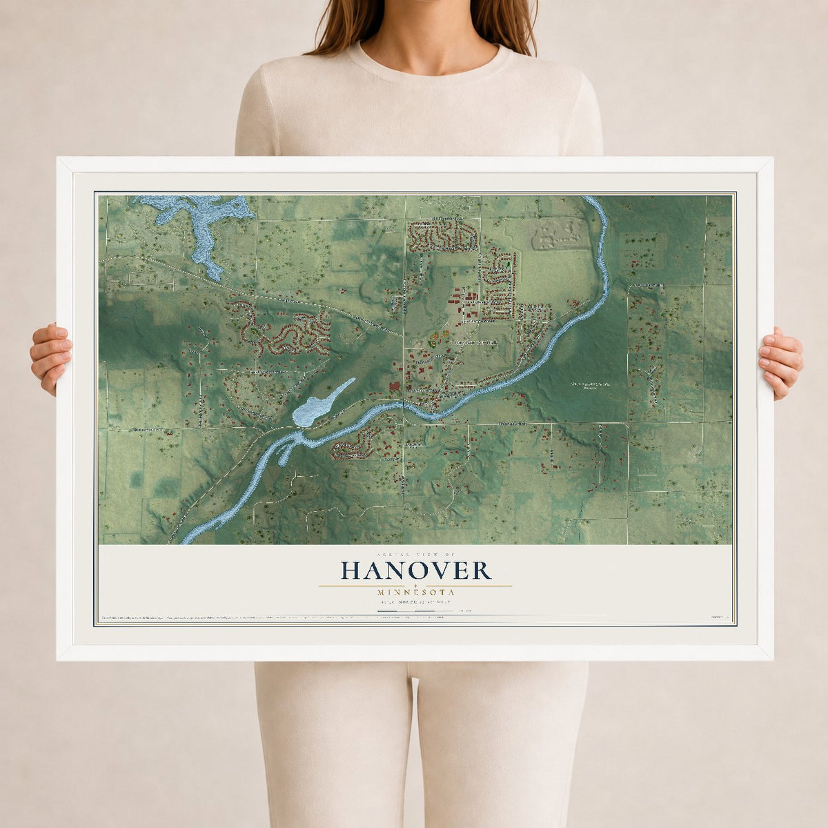 Map of Hanover, Minnesota, 24 x 36 inch print in a white wood frame