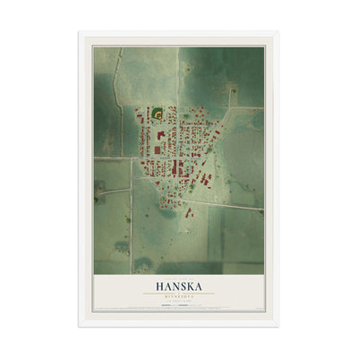 Map of Hanska, Minnesota, 12 x 18 inch print in a white wood frame