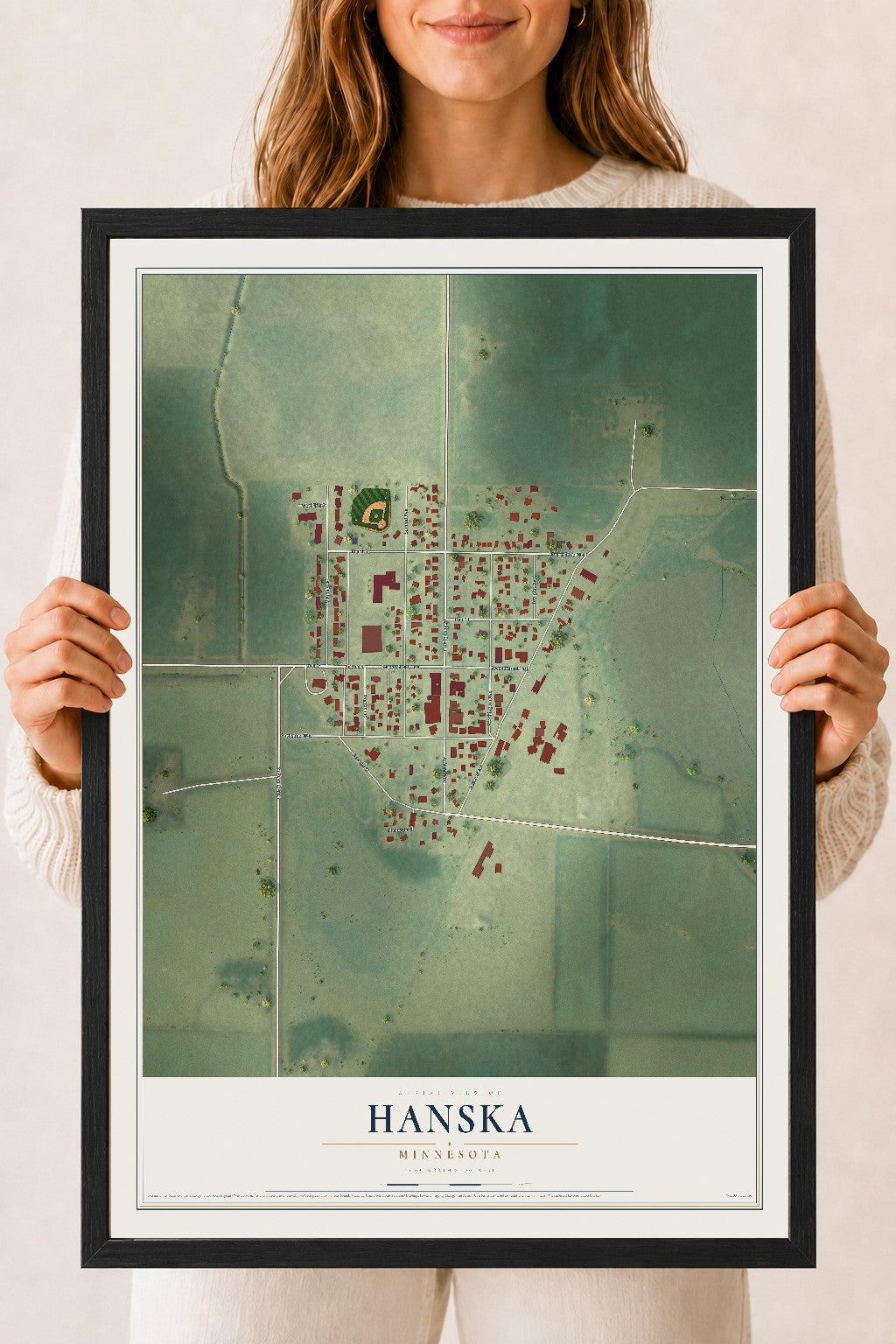 Map of Hanska, Minnesota, 18 x 24 inch print in a black wood frame