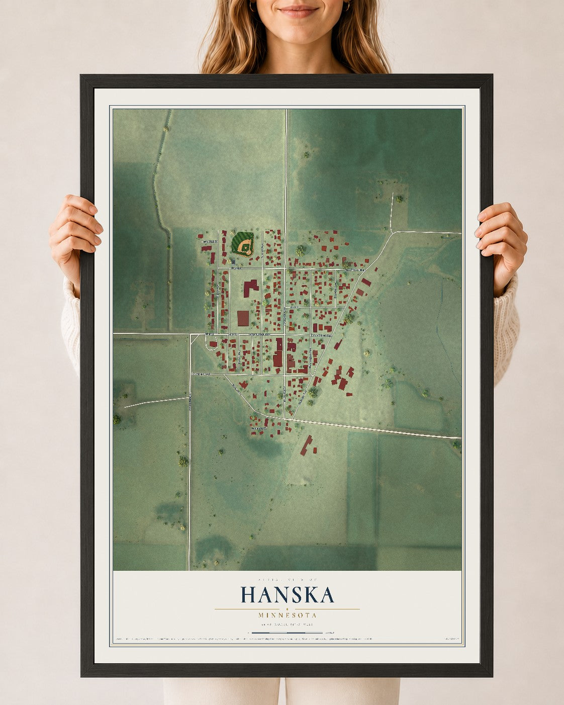 Map of Hanska, Minnesota, 24 x 36 inch print in a black wood frame