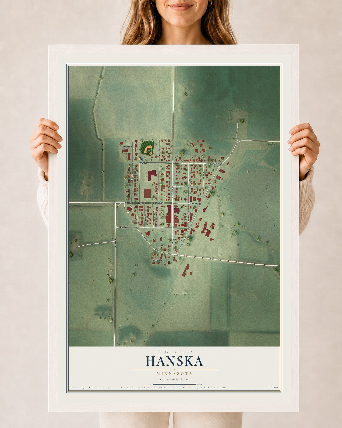 Map of Hanska, Minnesota, 24 x 36 inch print in a white wood frame