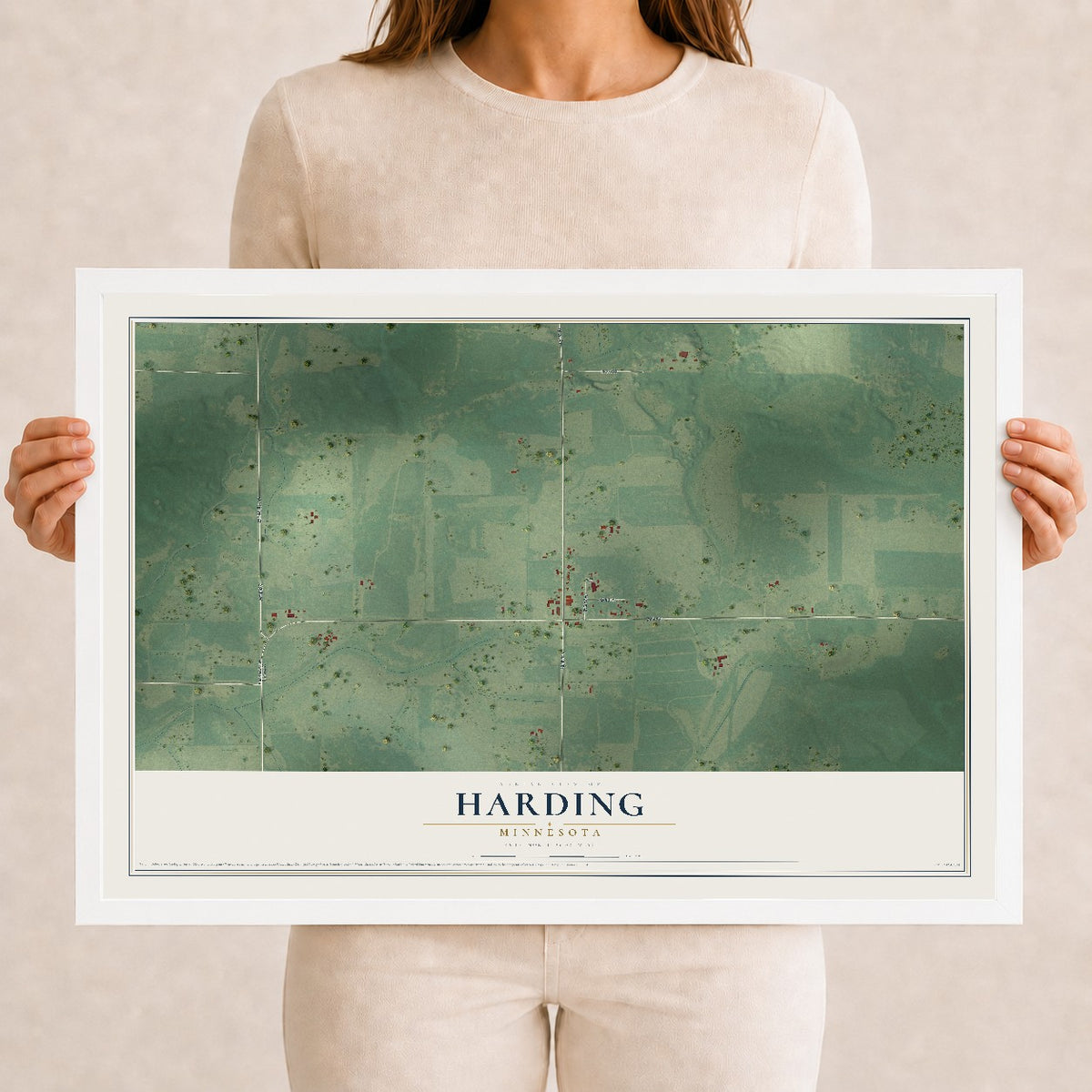 Map of Harding, Minnesota, 12 x 18 inch print in a white wood frame