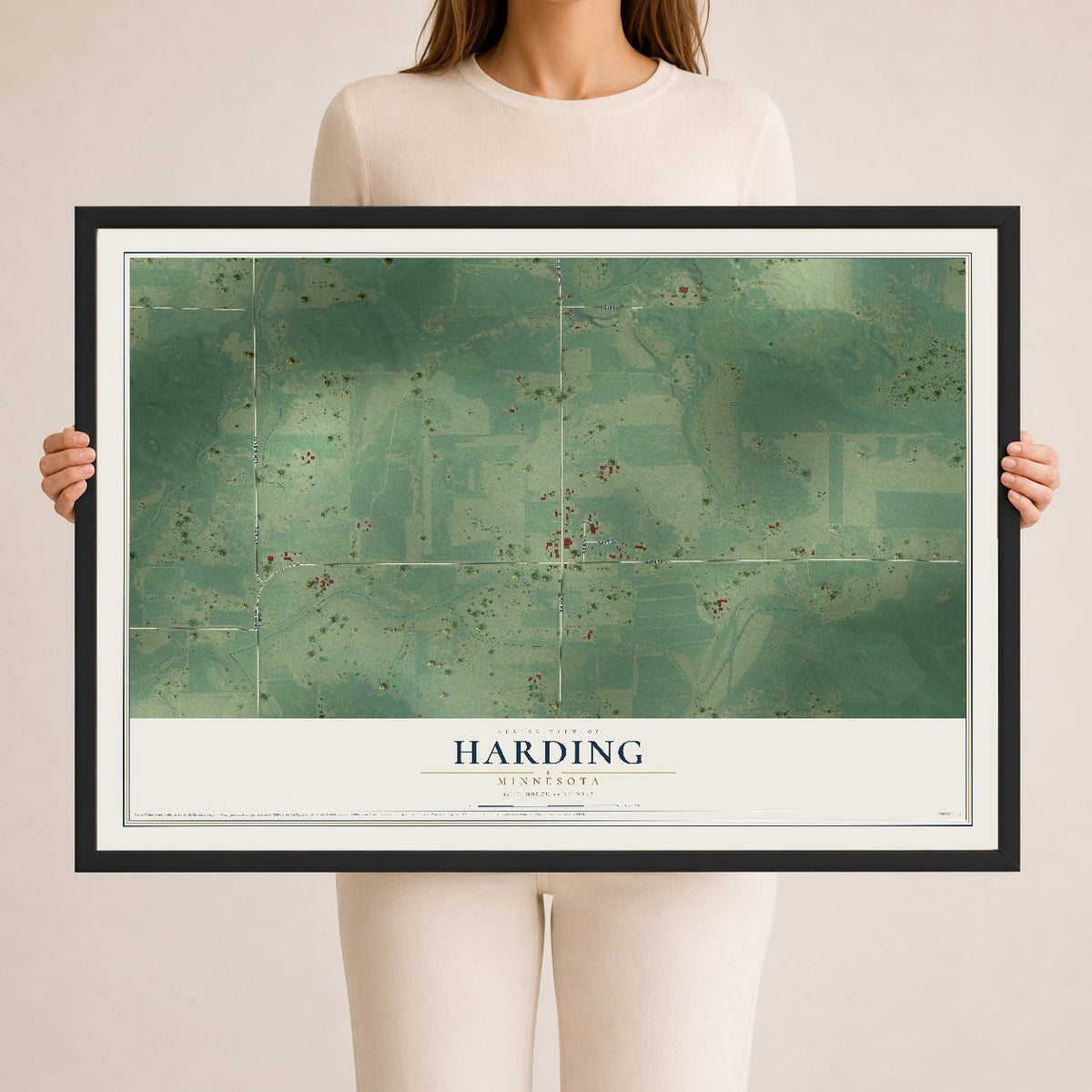 Map of Harding, Minnesota, 24 x 36 inch print in a black wood frame