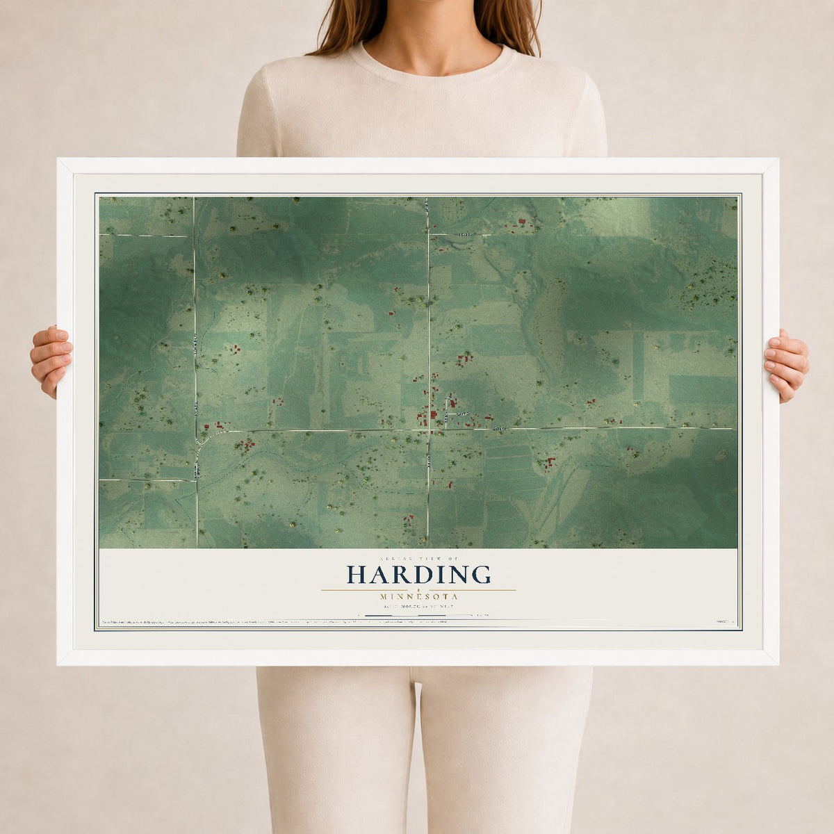 Map of Harding, Minnesota, 24 x 36 inch print in a white wood frame