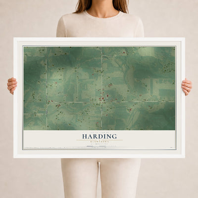 Map of Harding, Minnesota, 24 x 36 inch print in a white wood frame