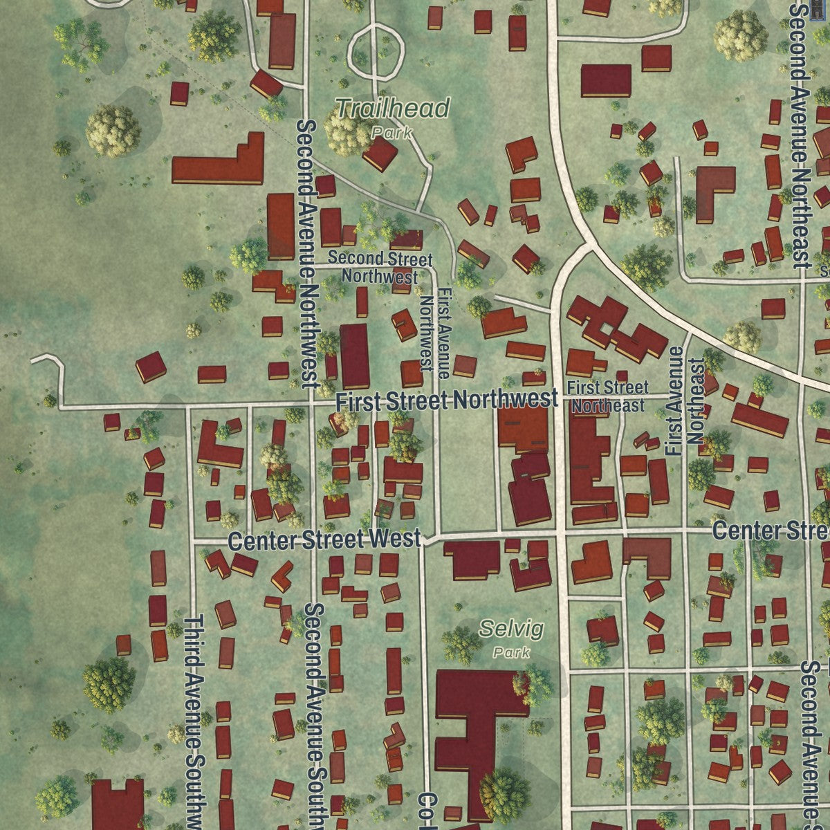 Close-up of the map of Harmony, Minnesota print showing street and building detail