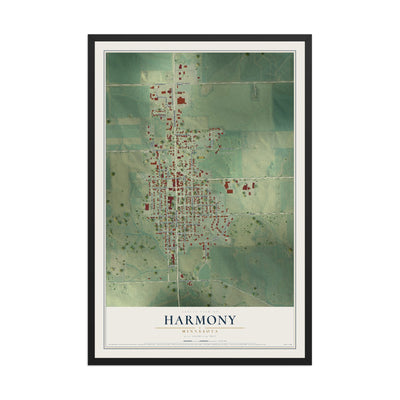 Map of Harmony, Minnesota, 12 x 18 inch print in a black wood frame