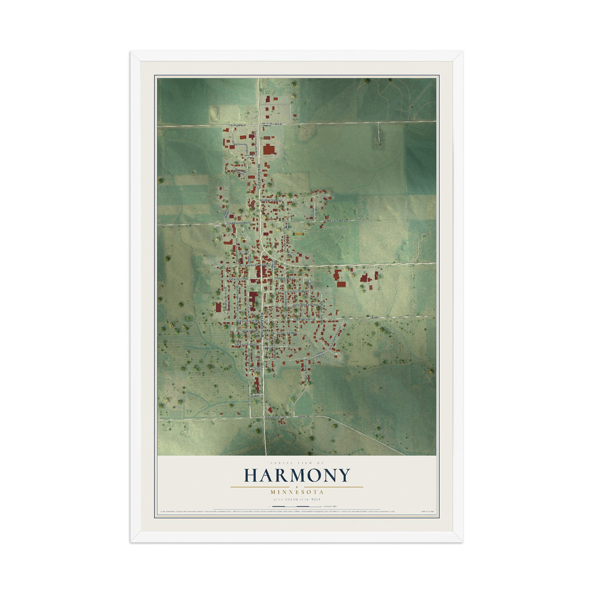 Map of Harmony, Minnesota, 12 x 18 inch print in a white wood frame