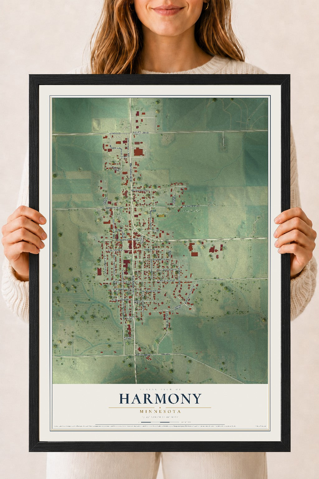 Map of Harmony, Minnesota, 18 x 24 inch print in a black wood frame