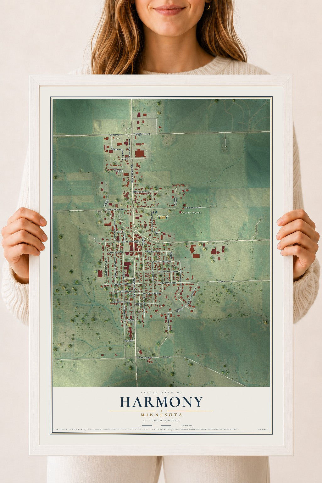 Map of Harmony, Minnesota, 18 x 24 inch print in a white wood frame