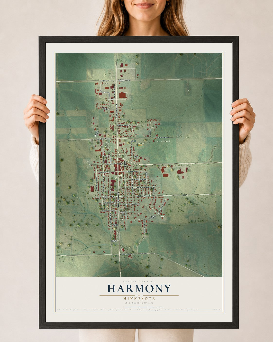 Map of Harmony, Minnesota, 24 x 36 inch print in a black wood frame