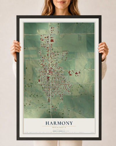 Map of Harmony, Minnesota, 24 x 36 inch print in a black wood frame