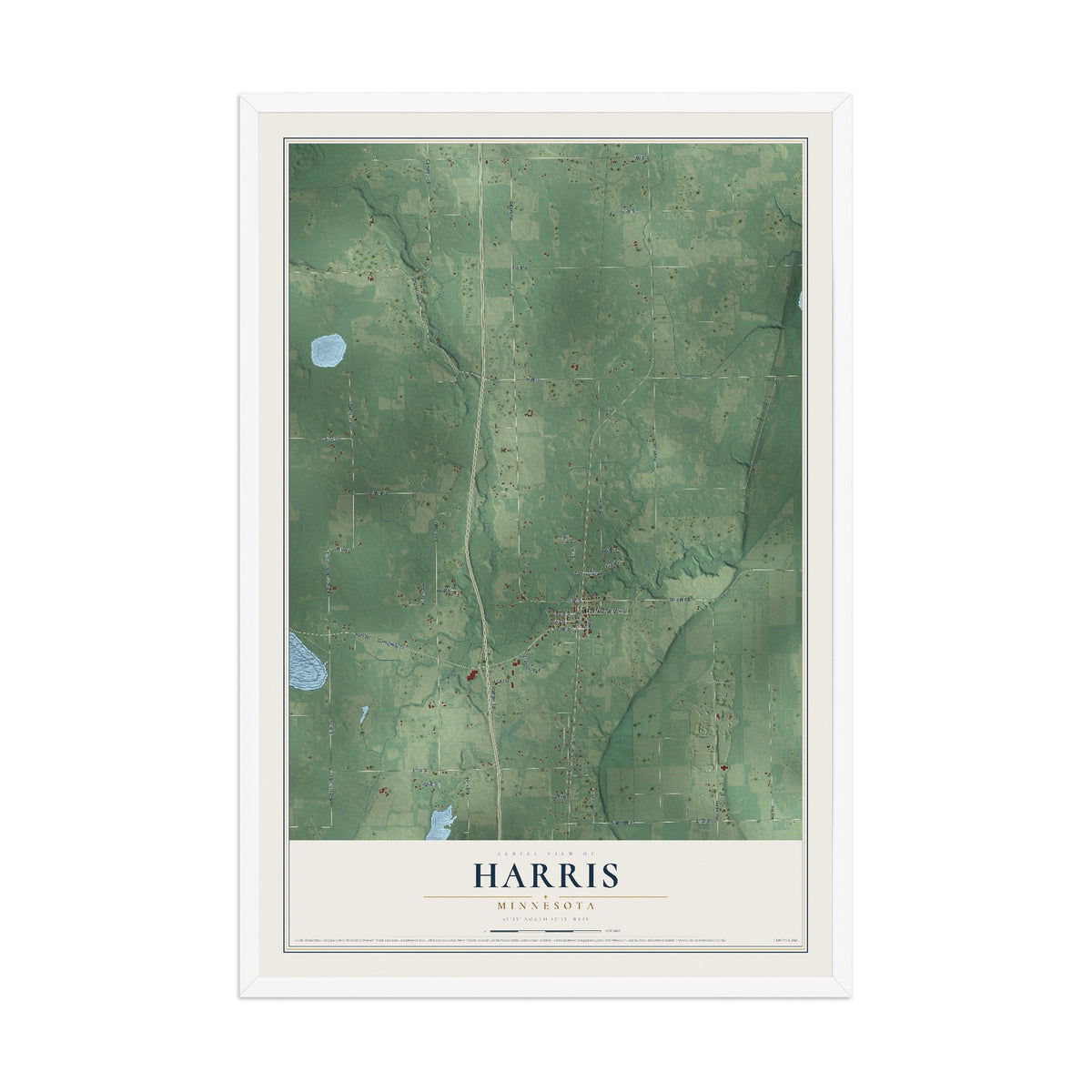 Map of Harris, Minnesota, 12 x 18 inch print in a white wood frame