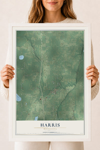 Map of Harris, Minnesota, 18 x 24 inch print in a white wood frame