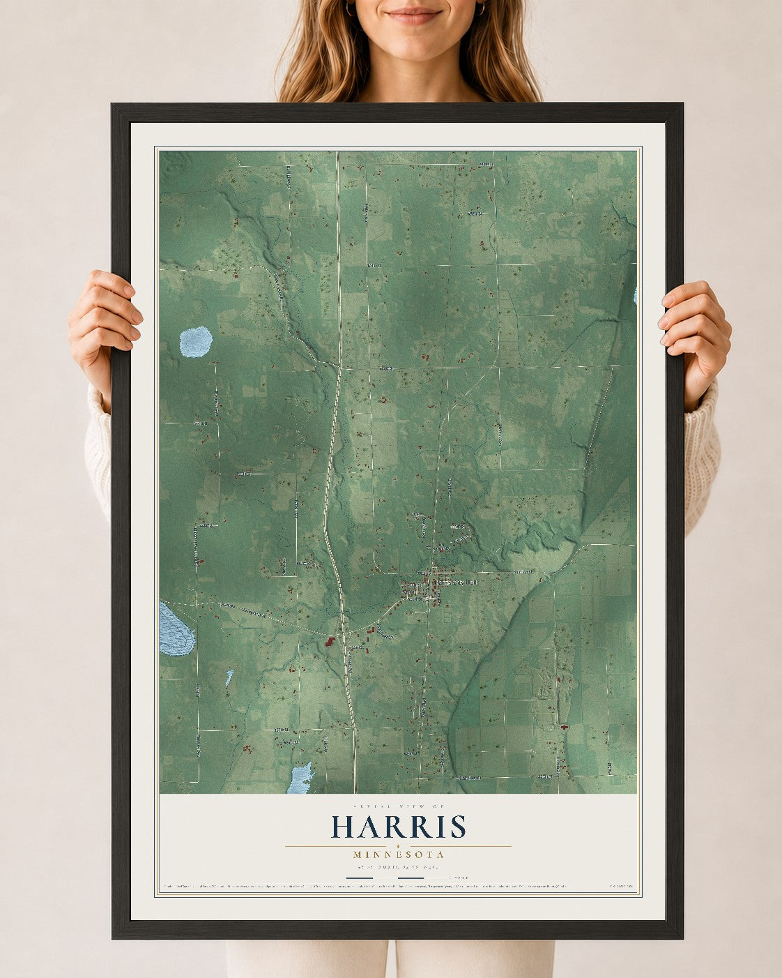 Map of Harris, Minnesota, 24 x 36 inch print in a black wood frame