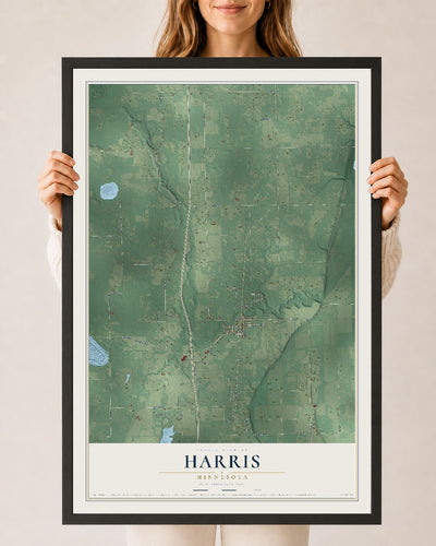 Map of Harris, Minnesota, 24 x 36 inch print in a black wood frame