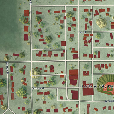 Close-up of the map of Hartland, Minnesota print showing street and building detail
