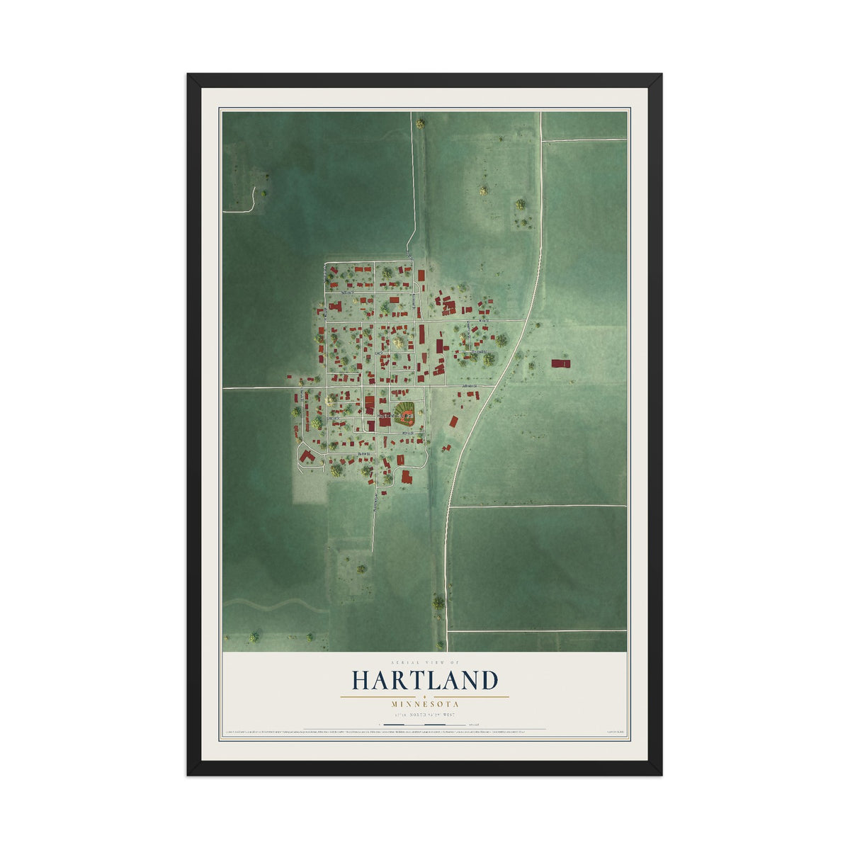Map of Hartland, Minnesota, 12 x 18 inch print in a black wood frame