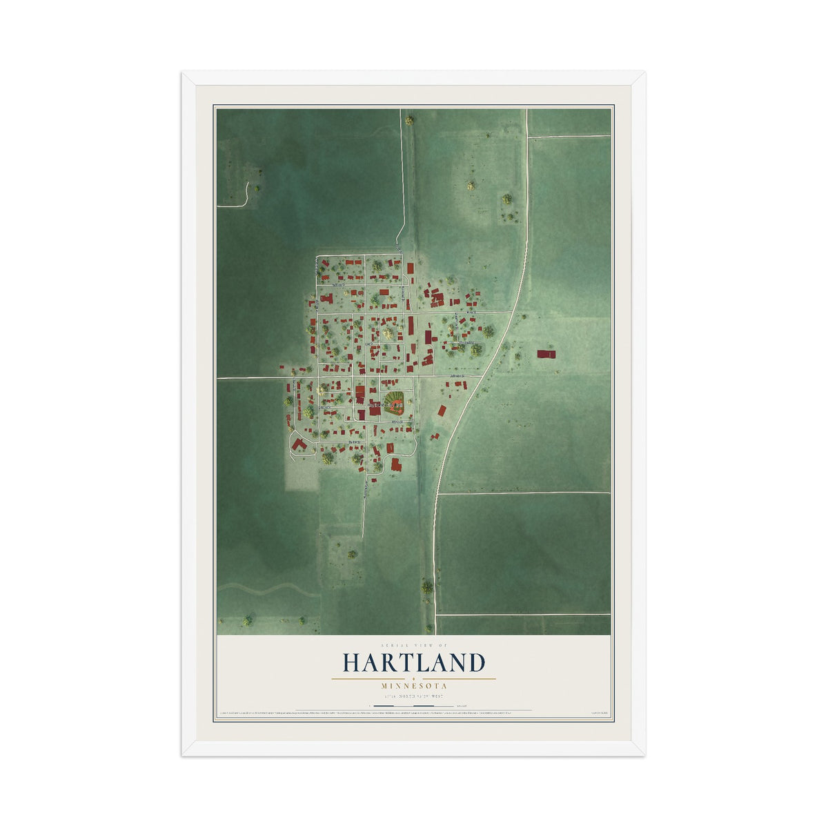 Map of Hartland, Minnesota, 12 x 18 inch print in a white wood frame