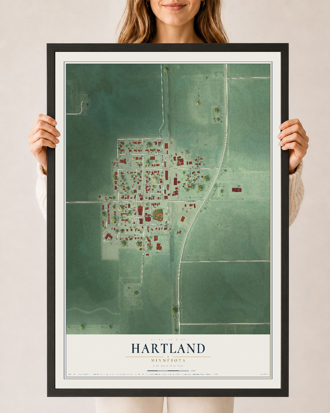 Map of Hartland, Minnesota, 24 x 36 inch print in a black wood frame