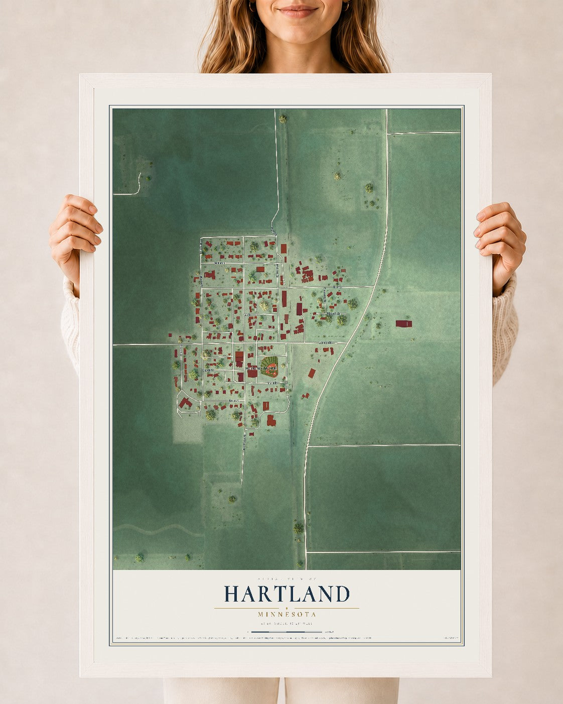 Map of Hartland, Minnesota, 24 x 36 inch print in a white wood frame