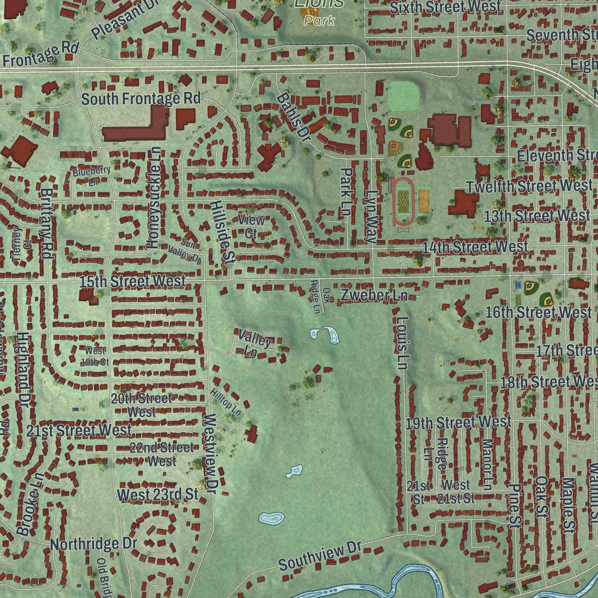 Close-up of the map of Hastings, Minnesota print showing street and building detail