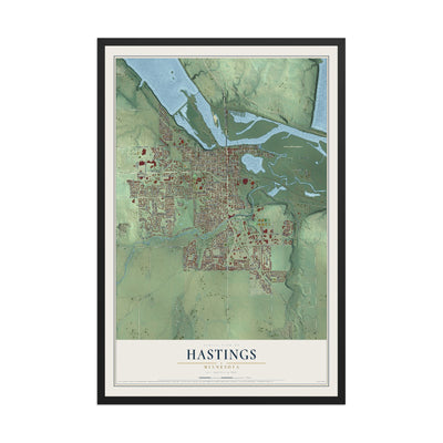 Map of Hastings, Minnesota, 12 x 18 inch print in a black wood frame