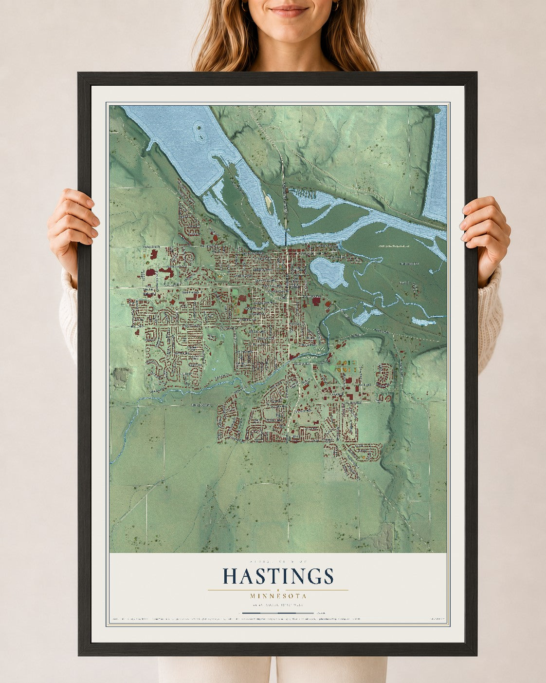 Map of Hastings, Minnesota, 24 x 36 inch print in a black wood frame