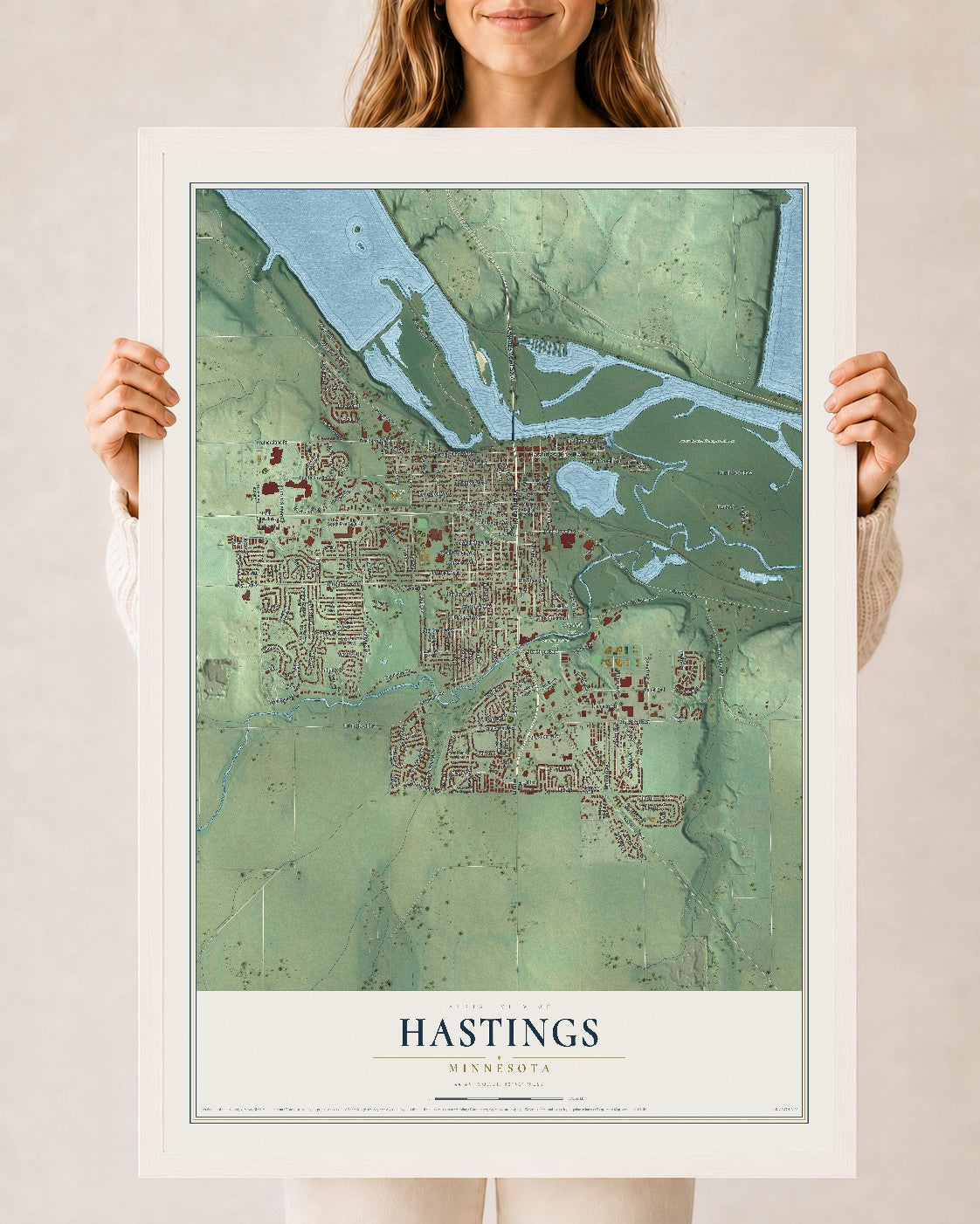 Map of Hastings, Minnesota, 24 x 36 inch print in a white wood frame