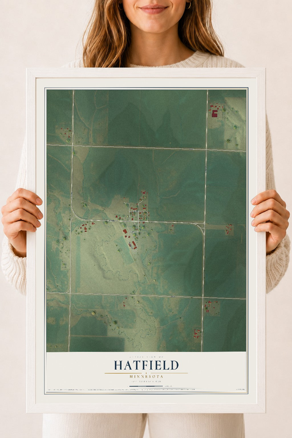 Map of Hatfield, Minnesota, 18 x 24 inch print in a white wood frame