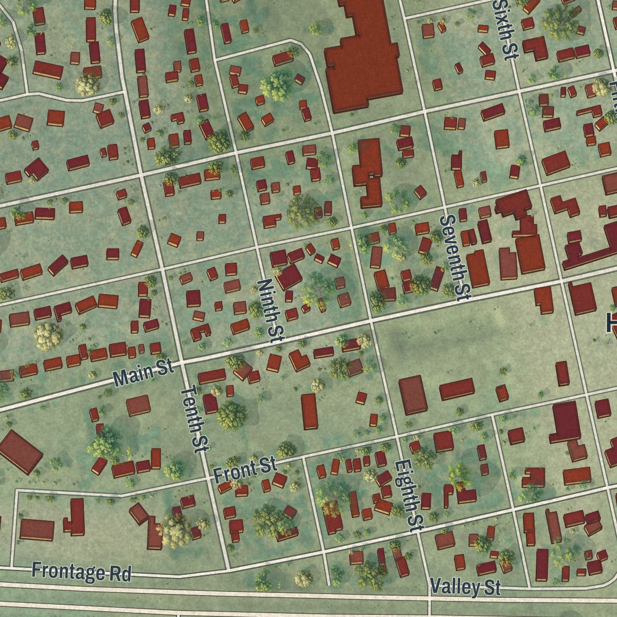 Close-up of the map of Hawley, Minnesota print showing street and building detail