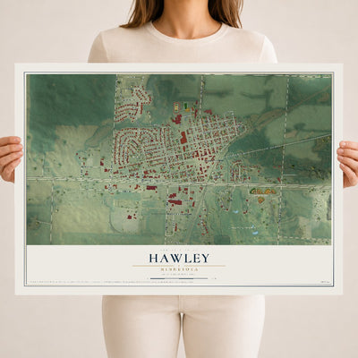 Map of Hawley, Minnesota, 18 x 24 inch unframed archival matte print