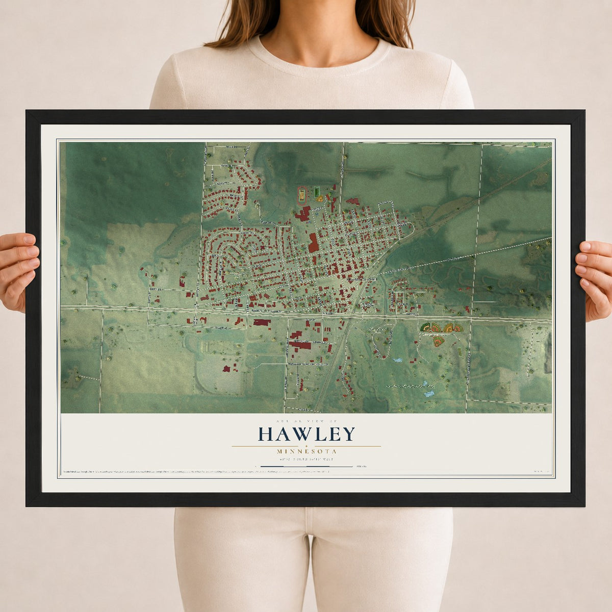Map of Hawley, Minnesota, 18 x 24 inch print in a black wood frame