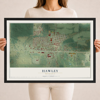 Map of Hawley, Minnesota, 18 x 24 inch print in a black wood frame