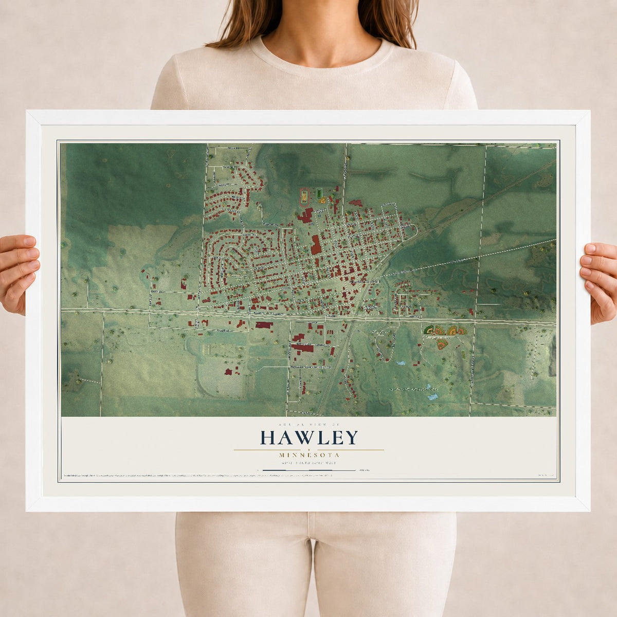 Map of Hawley, Minnesota, 18 x 24 inch print in a white wood frame