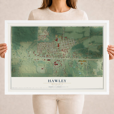 Map of Hawley, Minnesota, 18 x 24 inch print in a white wood frame