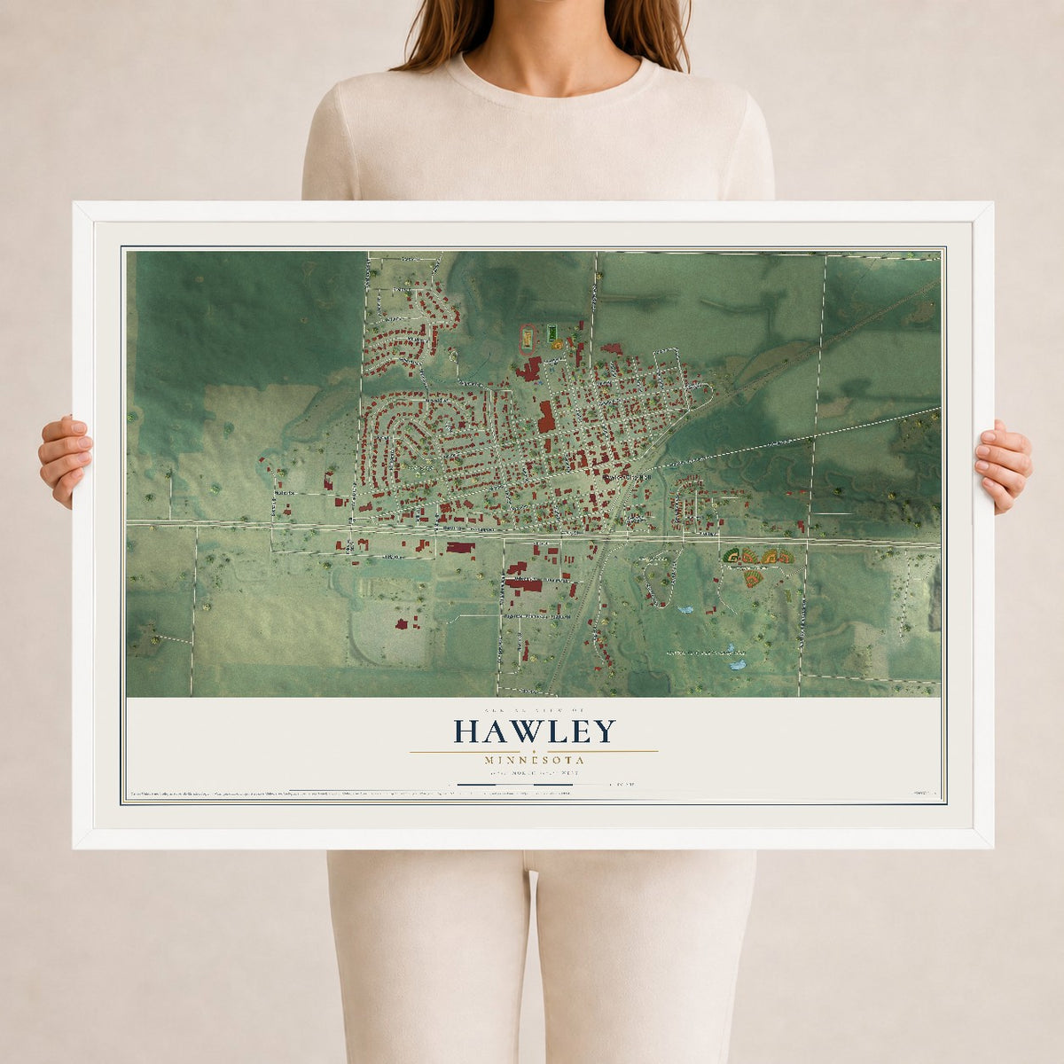 Map of Hawley, Minnesota, 24 x 36 inch print in a white wood frame