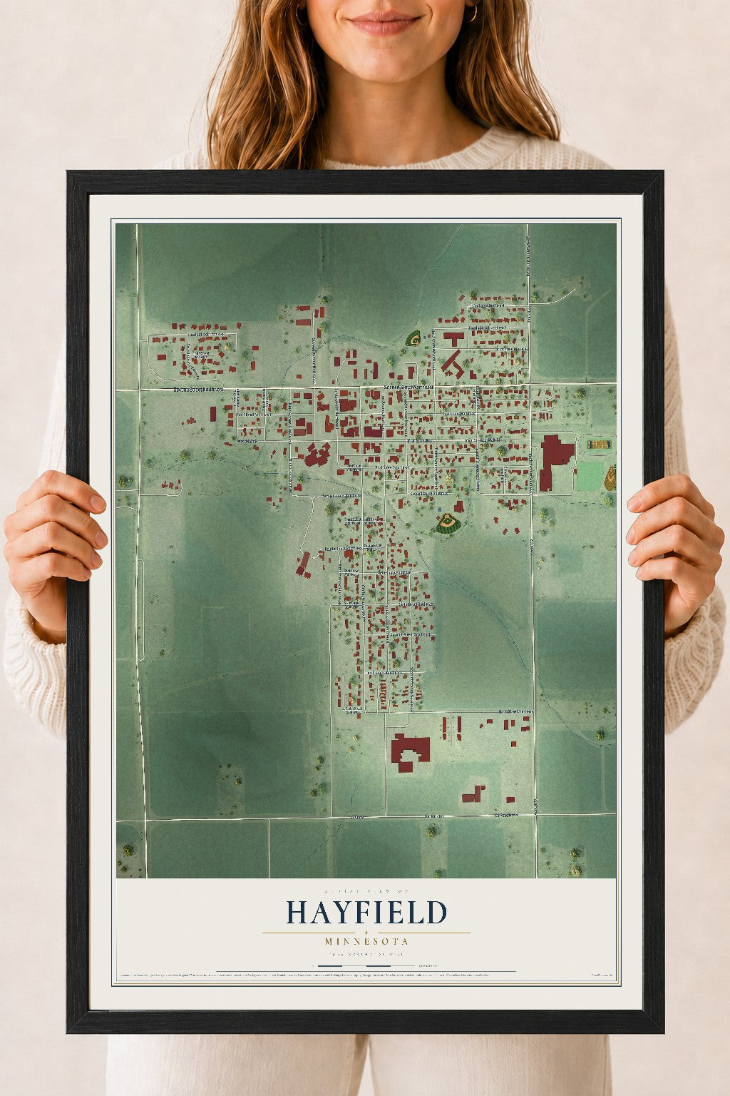 Map of Hayfield, Minnesota, 18 x 24 inch print in a black wood frame