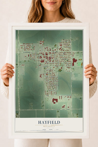 Map of Hayfield, Minnesota, 18 x 24 inch print in a white wood frame