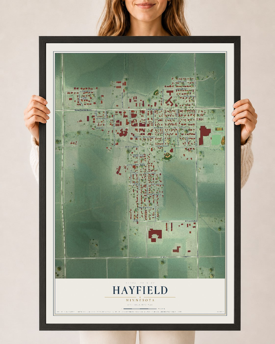 Map of Hayfield, Minnesota, 24 x 36 inch print in a black wood frame