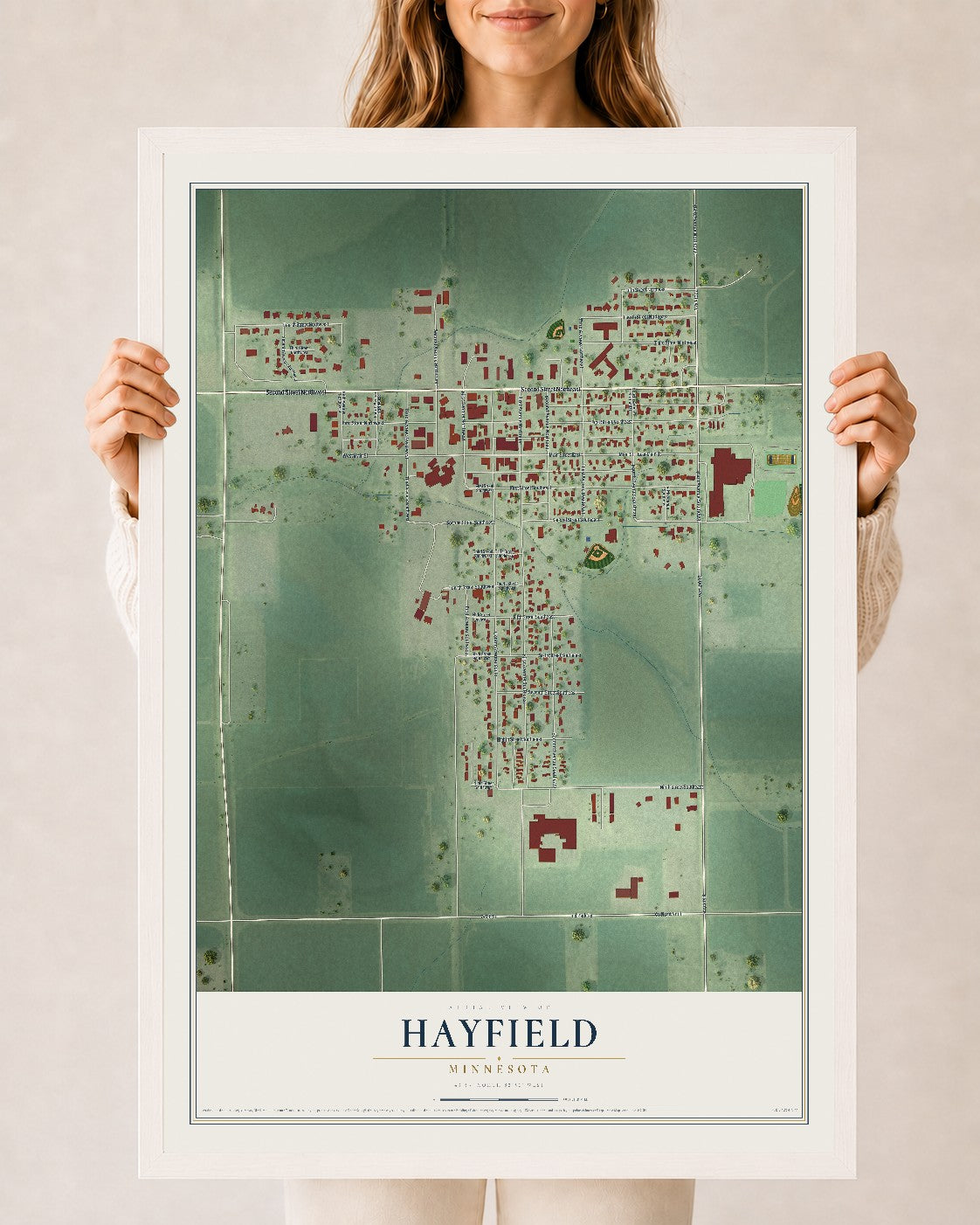 Map of Hayfield, Minnesota, 24 x 36 inch print in a white wood frame