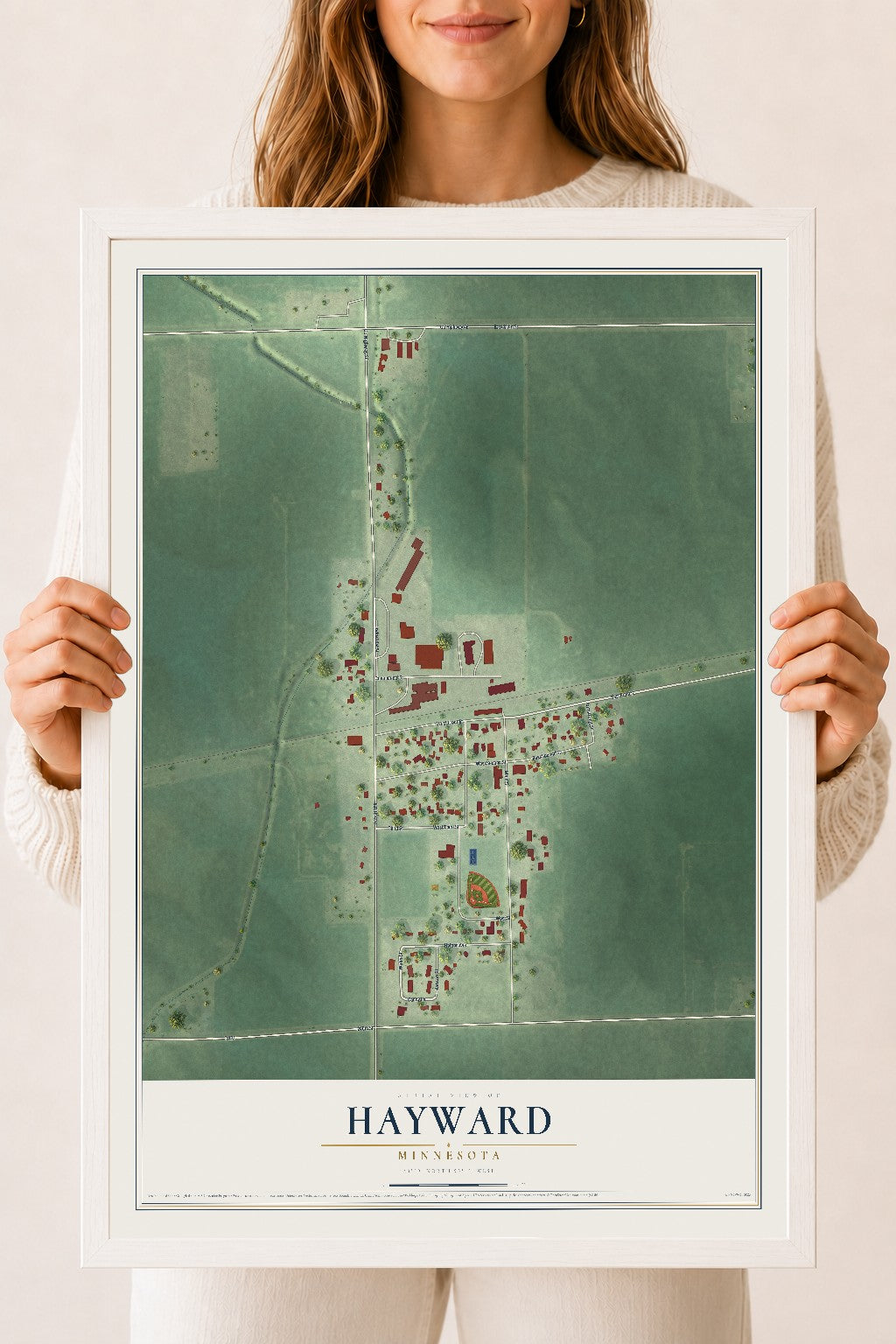 Map of Hayward, Minnesota, 18 x 24 inch print in a white wood frame
